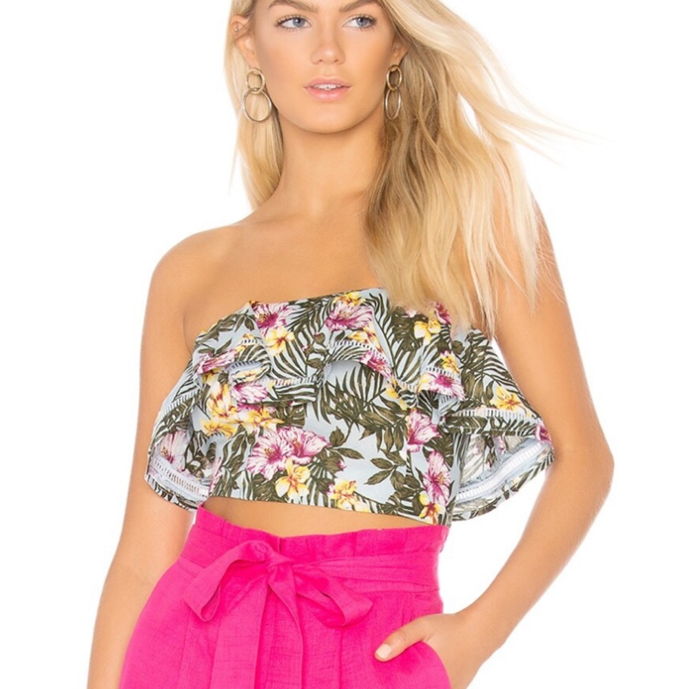 J. O. A. Printed Ruffle floral strapless top size: XS